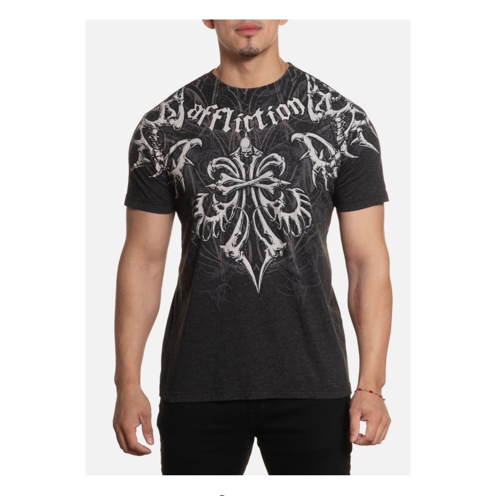 Affliction T-Shirt Mens M Black Graphic Tee Bone Fleur De Lis Gothic Edgy